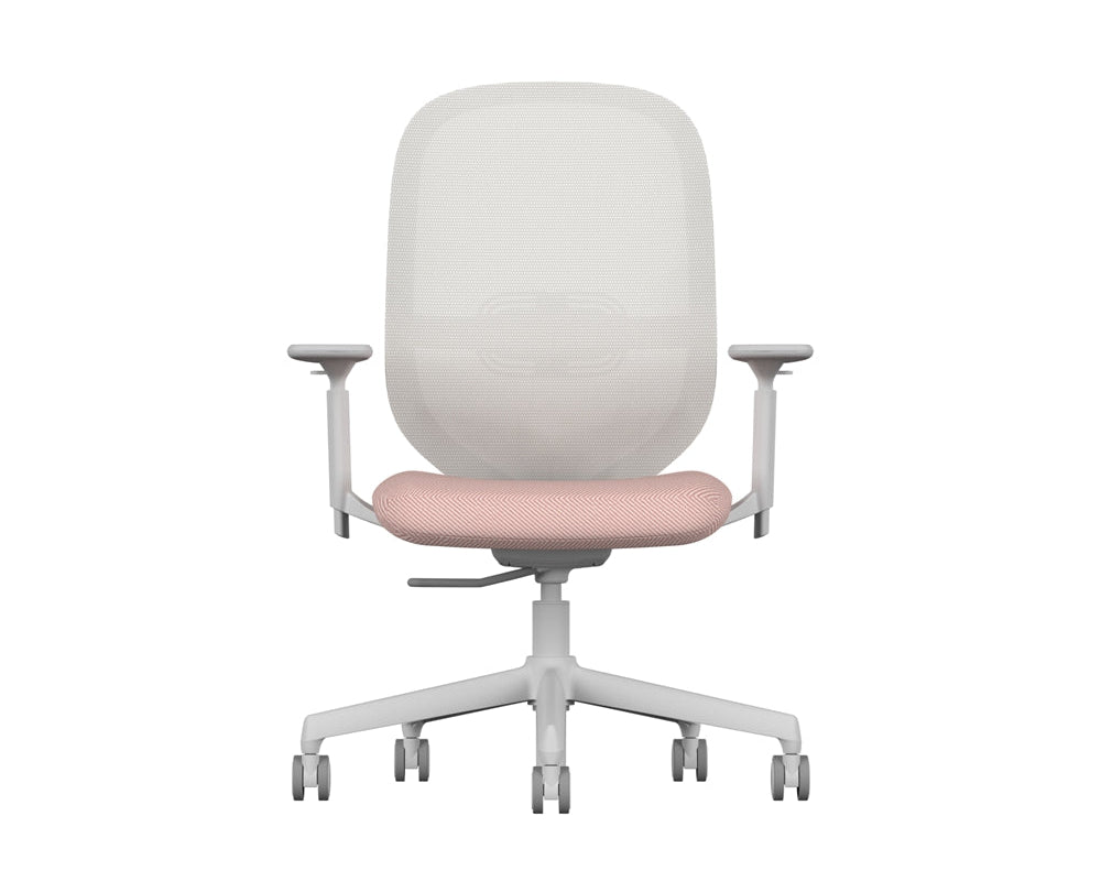 light grey office chair with a pink seat on a white background
