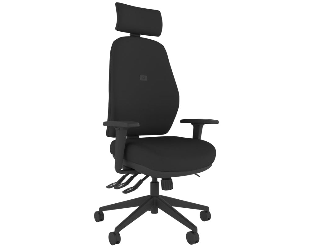 Black office chair with headrest on a white background