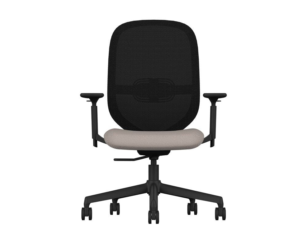 Ergonomic office chair with black mesh backrest and beige seat on a white background