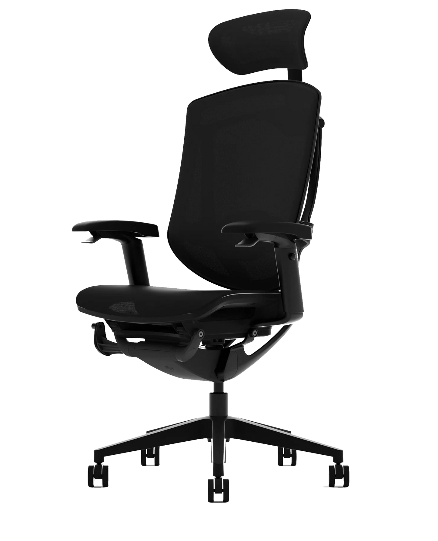 Black office chair with headrest on a white background